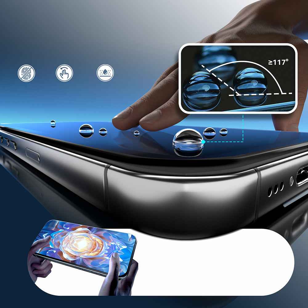 iPhone 15 Pro Max Mohseven Safir Coating HD 3D Tam Yapışkan Temperli Cam Ekran Koruyucu